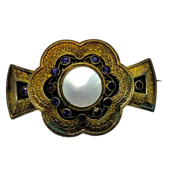 Victorian gold tone brooch pin purple rhinestones mother of pearl c clasp flower